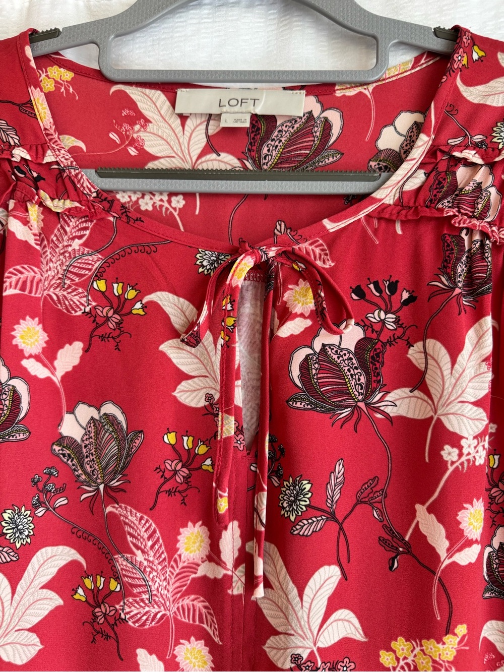 LOFT Soft Red Floral Tie-Neck Peasant Blouse - Picture 4 of 10